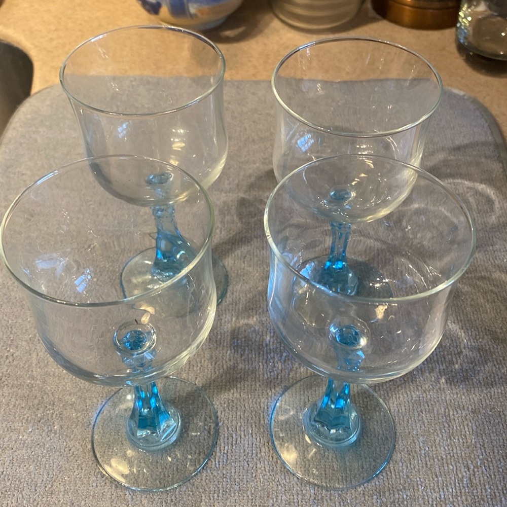 Vintage Cristal D Arques pale blue stems water/wine  goblets. Set of 4. Like new